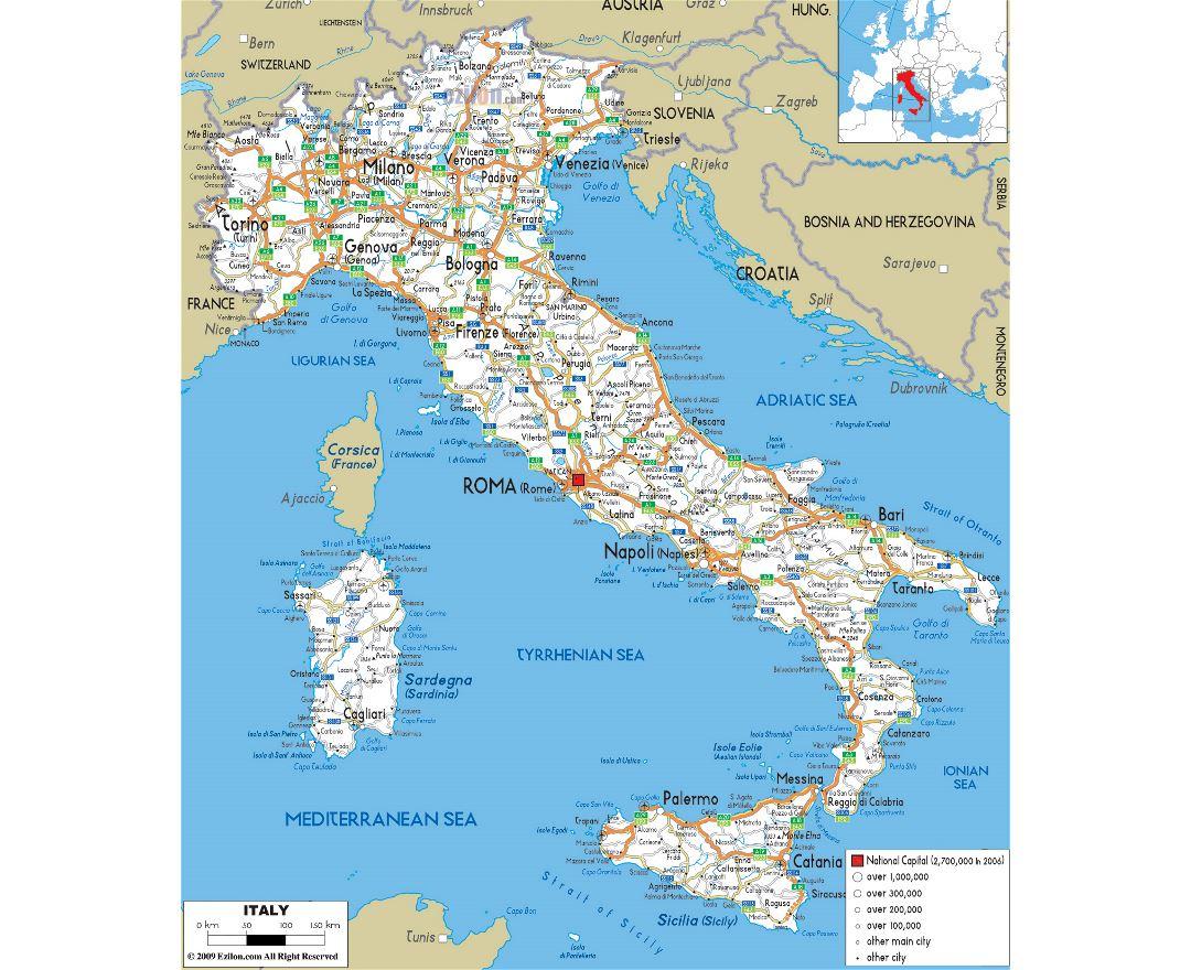 Kaart van Italië met grote steden, Gedetailleerde kaart van Italië met