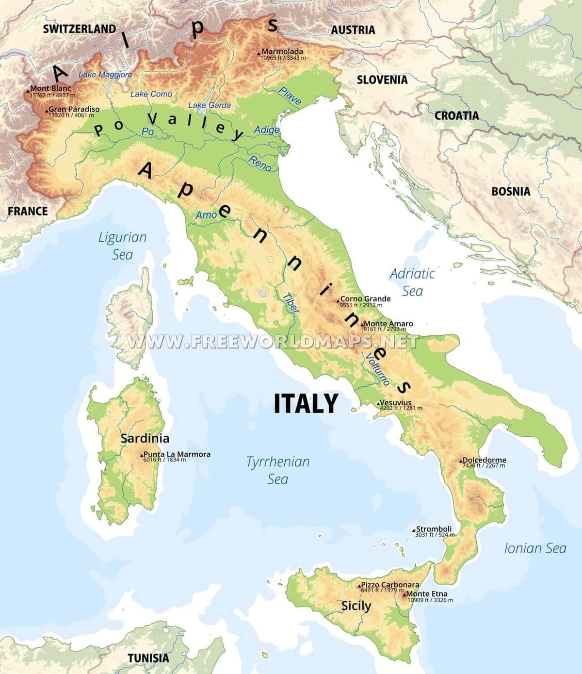 Italië fysieke kenmerken kaart
