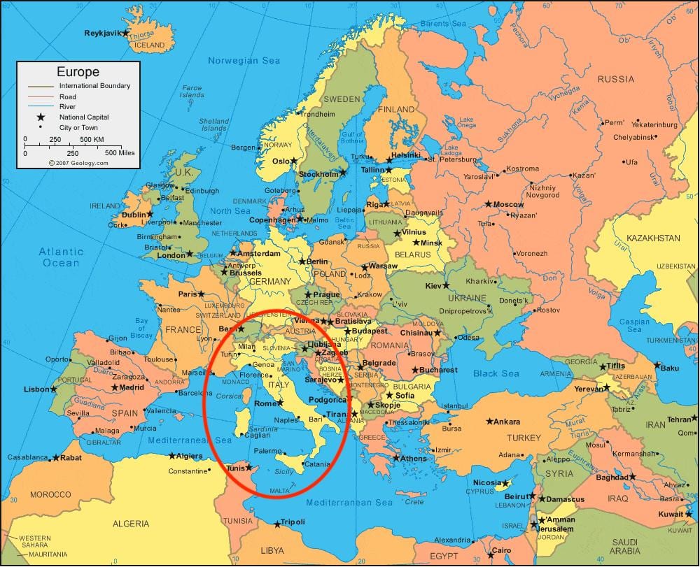 kaart van Italië en europa