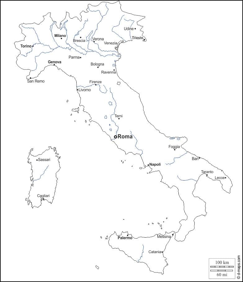schematische kaart van Italië met steden