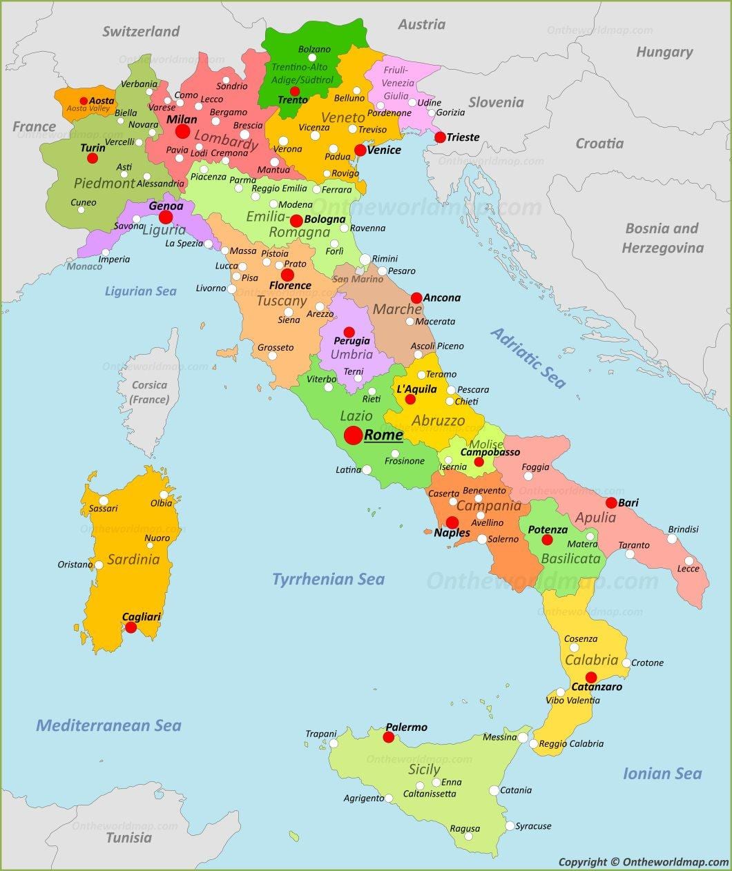 Italië kaart met steden en regio ' s