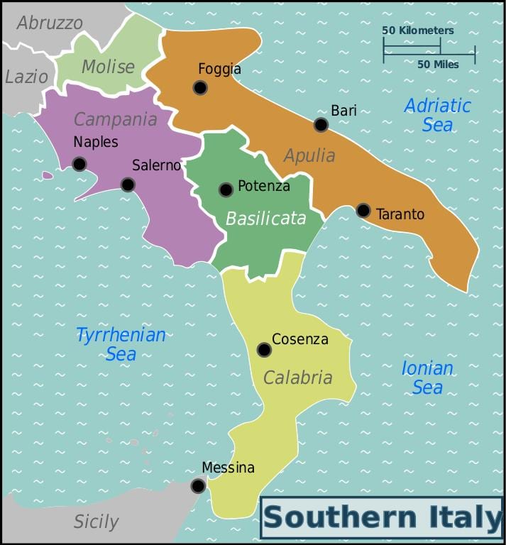 kaart van zuid-Italië, met steden