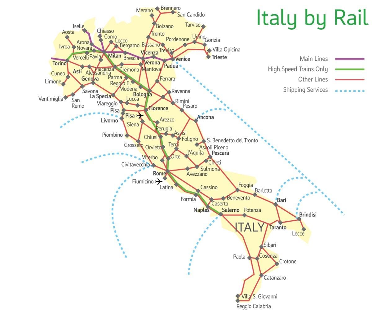 kaart van Italië, het zuiden van trein