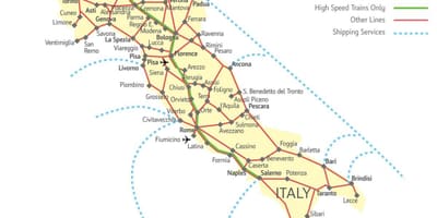 Kaart van Italië, het zuiden van trein